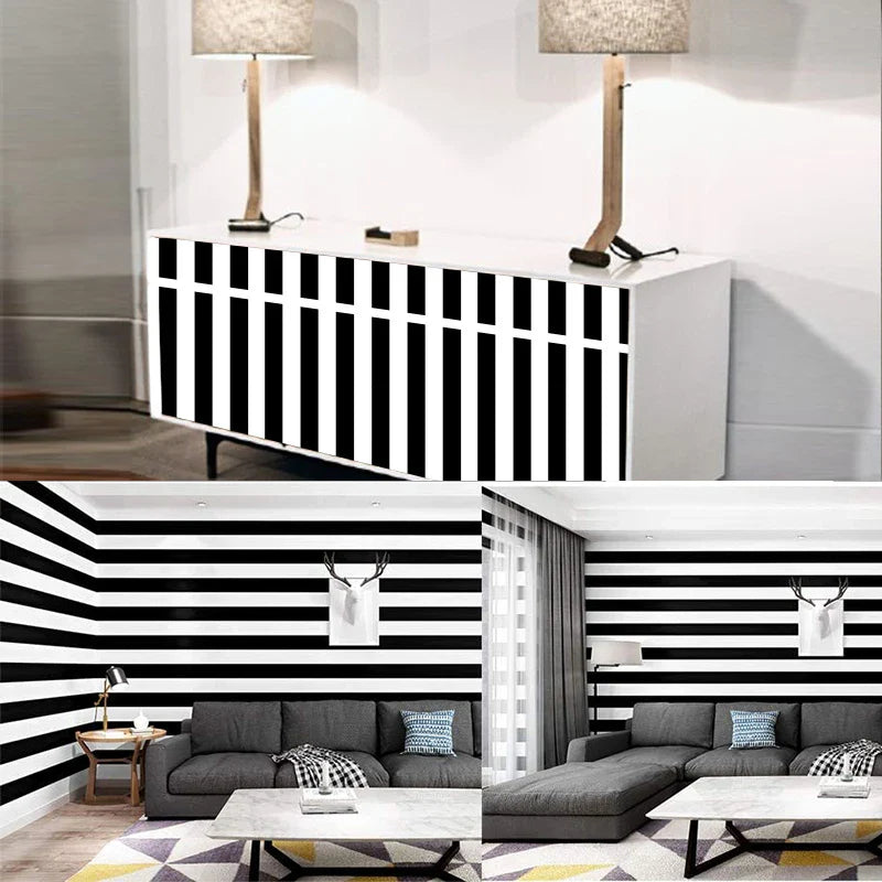 Stripe Black White Peel and Stick Wallpaper Vinyl Waterproof Self-Adhesive Wallpaper Removable Contact Paper Decorative Stickers