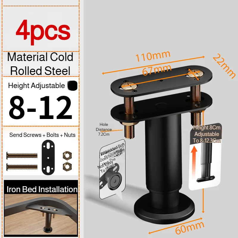 Home 4pcs Adjustable Height Furniture Support Legs, Black Telescopic Table Legs, Used for Tables, Bed Frames, TV Cabinets, Sofas