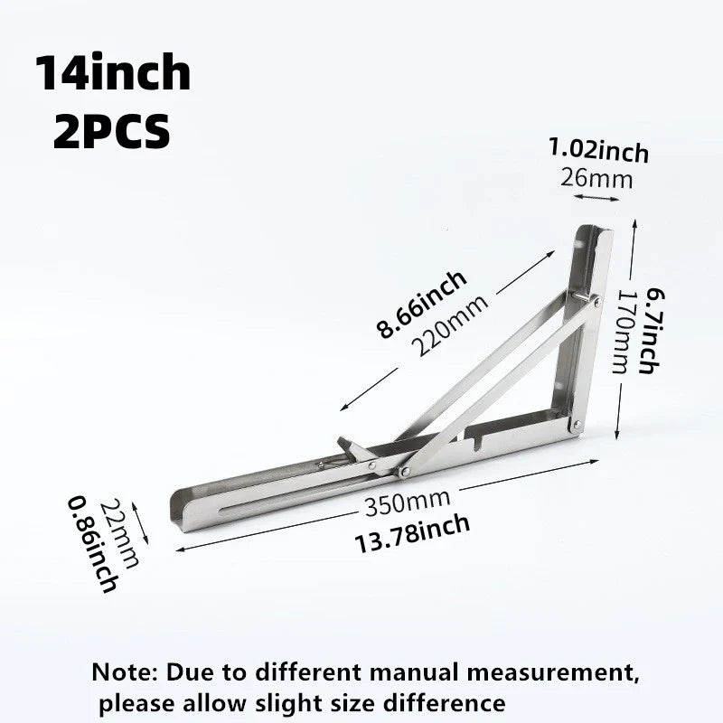 2Pcs Triangle Folding Angle Shelf Bracket Heavy Duty Stainless Steel Collapsible Shelf Bracket for Table Work Bench Wall Mounted
