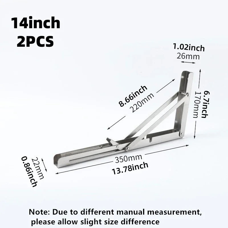 2PCS Heavy Duty Stainless Steel Triangle Folding Shelf Brackets – Wall Mounted Collapsible Angle Bracket for Table, Workbench