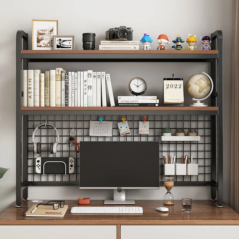 Bookcase Gaming Table Grid Bookshelf Desktop Multi-layer Wrought Iron Shelf Student Computer Desk Table  Wooden Shelves Rack