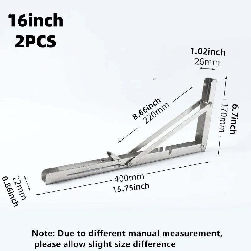 2PCS Heavy Duty Stainless Steel Triangle Folding Shelf Brackets – Wall Mounted Collapsible Angle Bracket for Table, Workbench