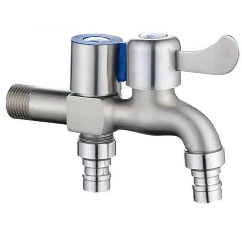 Stainless Steel Faucet Double Outlet Dual Control Water Tap One in Two Out Faucet 1/2" Bidet Faucets Bathroom Accessories