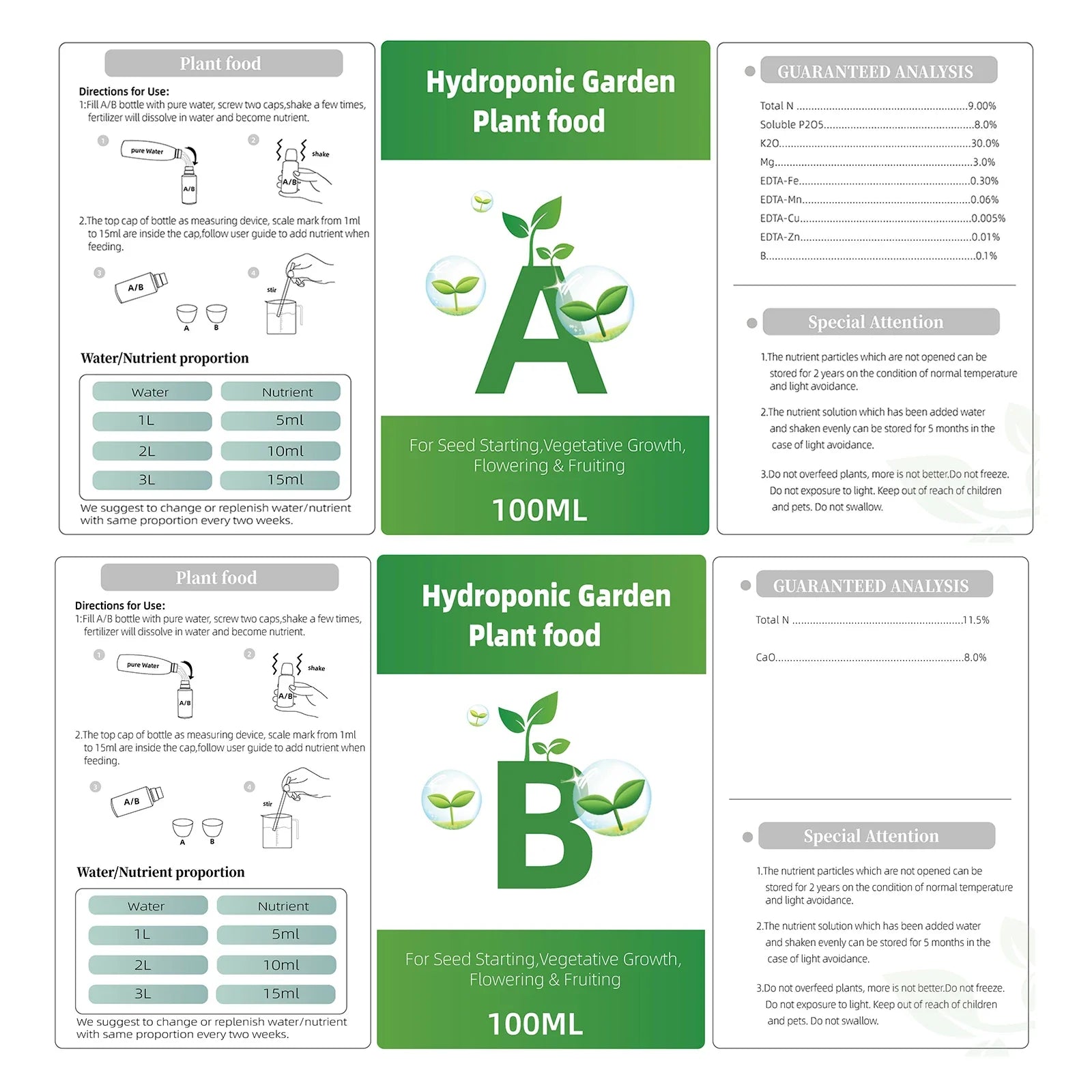 Hydroponic Nutrients Fertilizer AB Solution Set Hydroponic Garden Plant Food Plant Fertilizer For Flowers Vegetables Nutrients