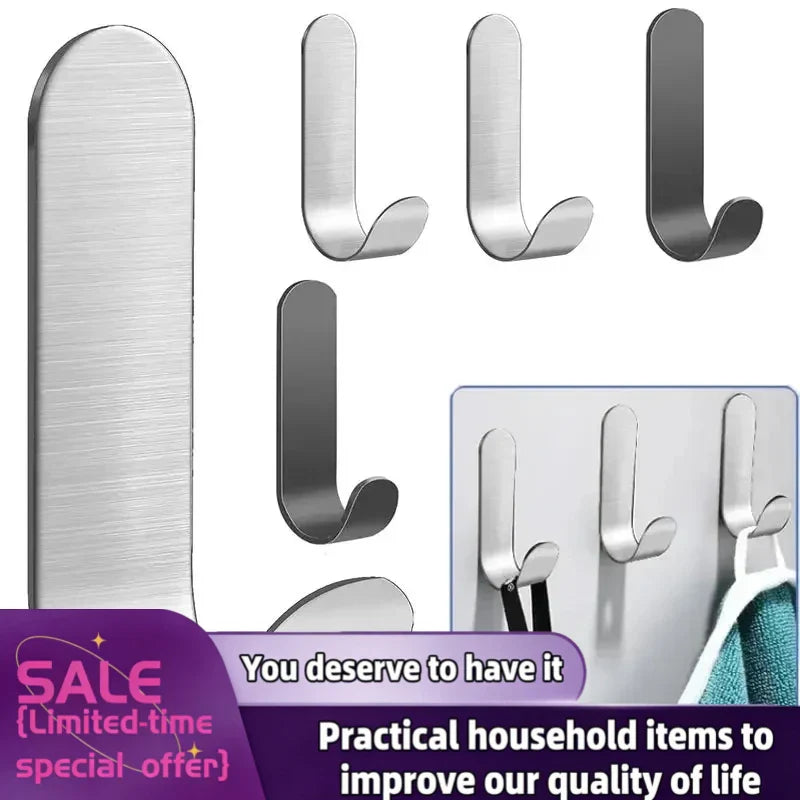 4Pcs Wall Hook Kitchen Adhesive Hooks Metal Stainless Steel Wall Hooks Utility J Hook Key Holder Self Adhesive for Shower