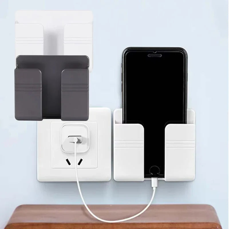 2PCS Wall Mounted Mobile Phone Charging Case Holder with Adhesive Remote Control Base Non Perforated Wall Storage Rack Base
