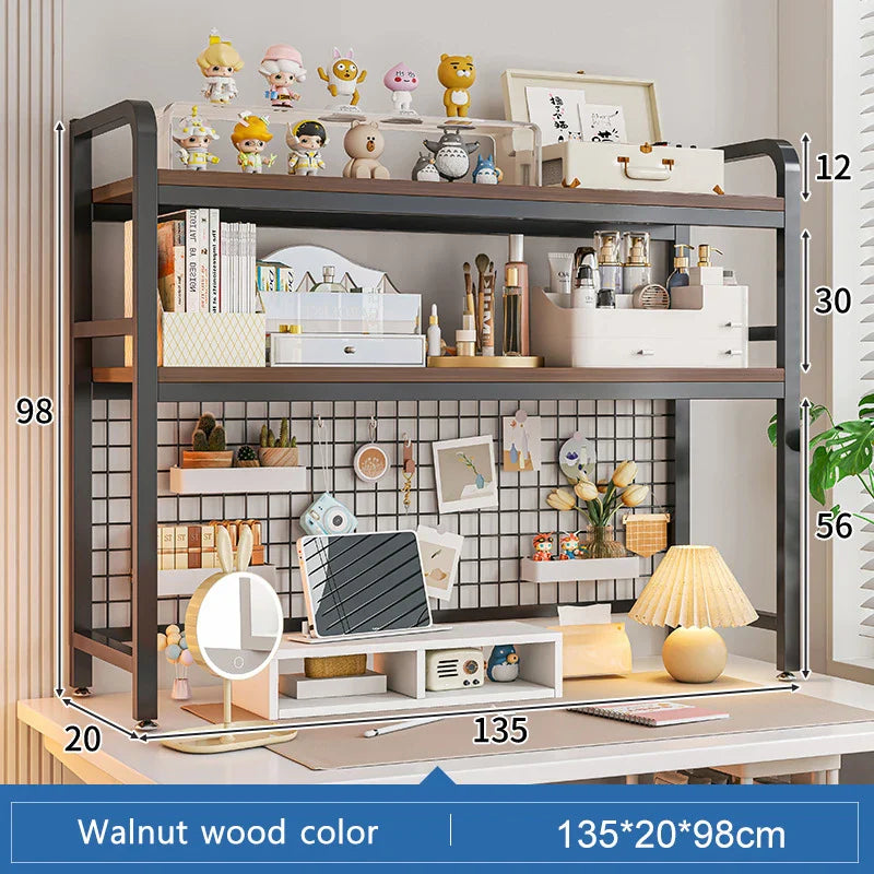Bookshelf Bookcase With Grid Desktop Multi-layer Wrought Iron Shelf Student Computer Desk Table Hole Board Table Wooden Shelves