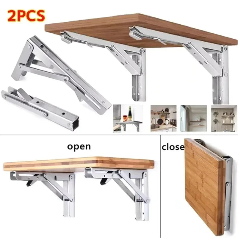 2PCS Heavy Duty Stainless Steel Triangle Folding Shelf Brackets – Wall Mounted Collapsible Angle Bracket for Table, Workbench