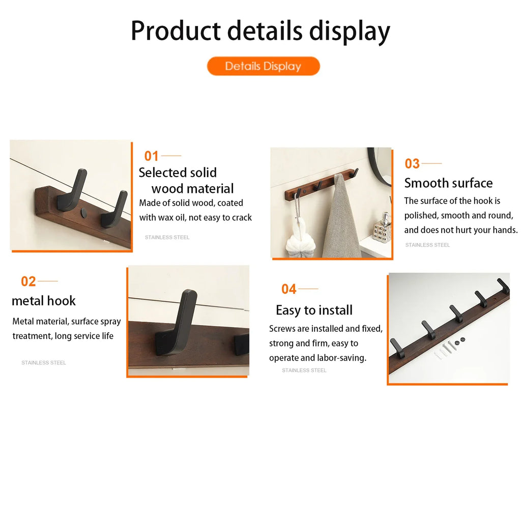 Coat Rack Wall Mount shelf Entryway Wall Hanger for Towels Wooden Coat Hooks Hook Storage Rack  for Bedroom Bathroom Kitchen