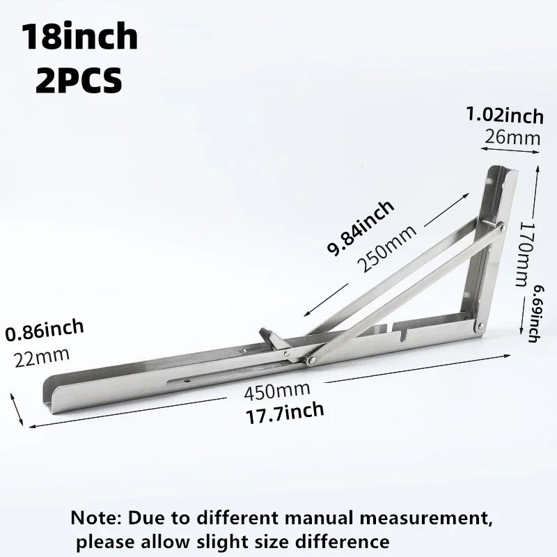 2PCS Heavy Duty Triangle Folding Angle Shelf Bracket Stainless Steel Collapsible Shelf Bracket for Table Work Bench Wall Mounted
