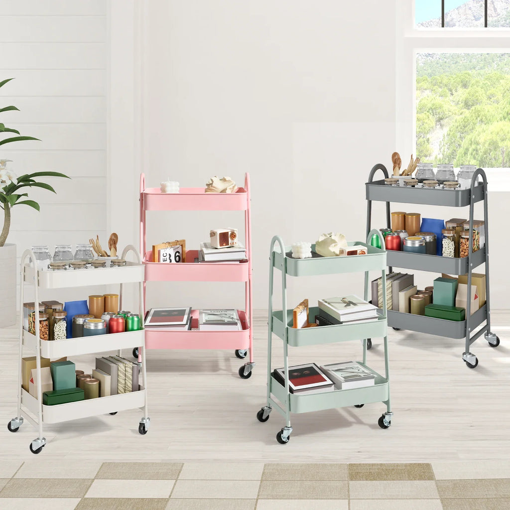 JHK 3 Tier Metal Storage Kitchen Cart with Lockable Wheels Mobile Shelving Unit Utility Rolling Organizer For Home Narrow Places
