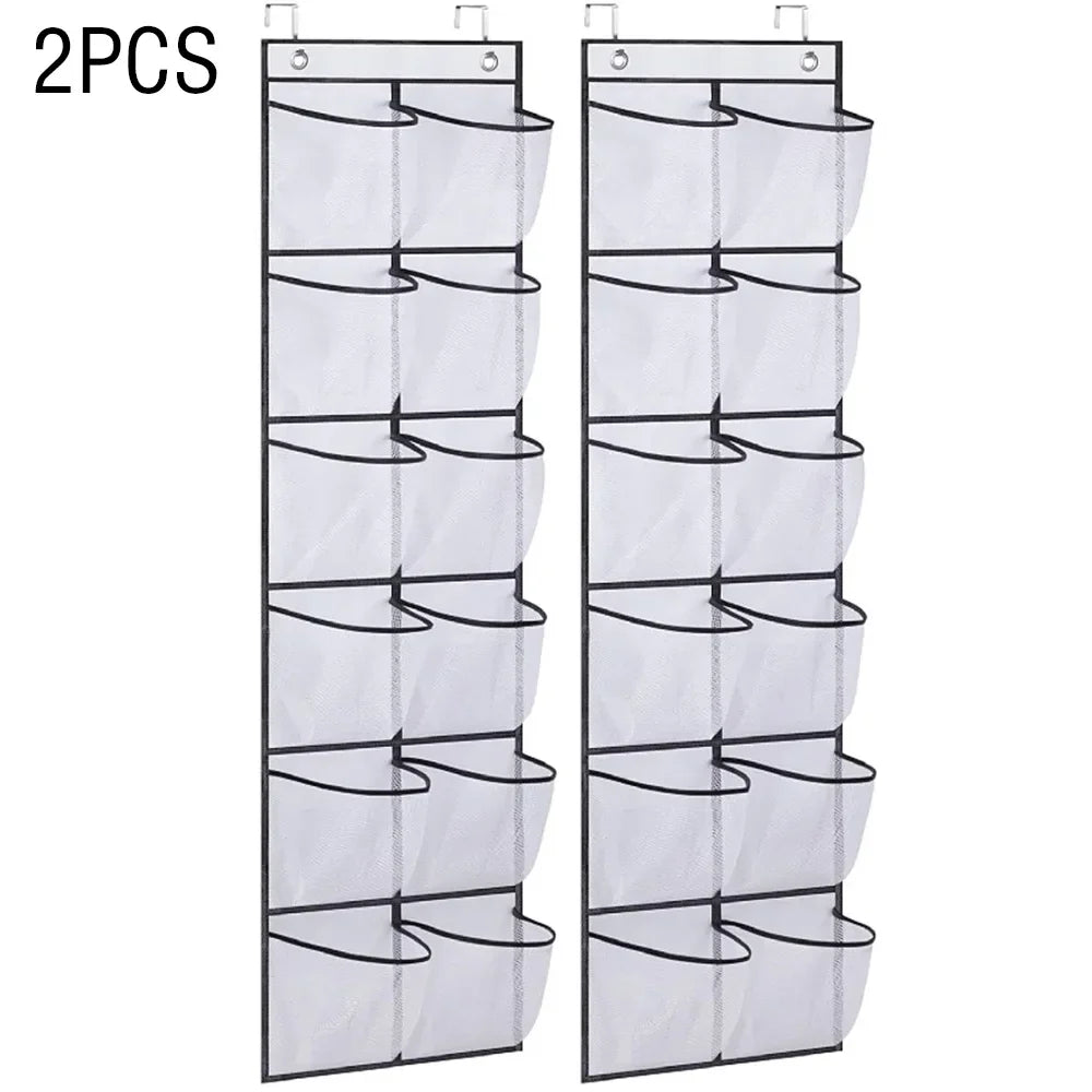 12 Pockets Over the Door Shoe Organizer Large Mesh Pockets With 2 Hooks Transparent Fabric Shoe Rack Storage Bag For Bedroom