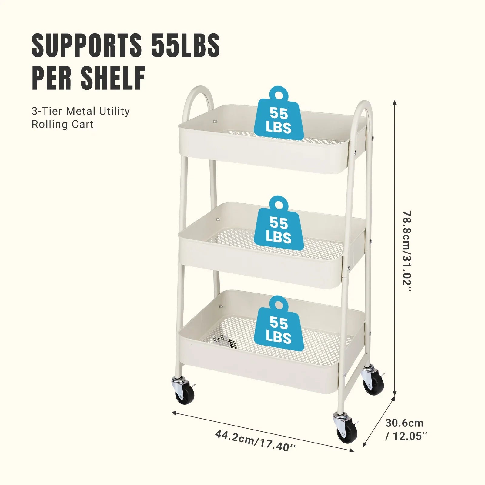 JHK 3 Tier Metal Storage Kitchen Cart with Lockable Wheels Mobile Shelving Unit Utility Rolling Organizer For Home Narrow Places