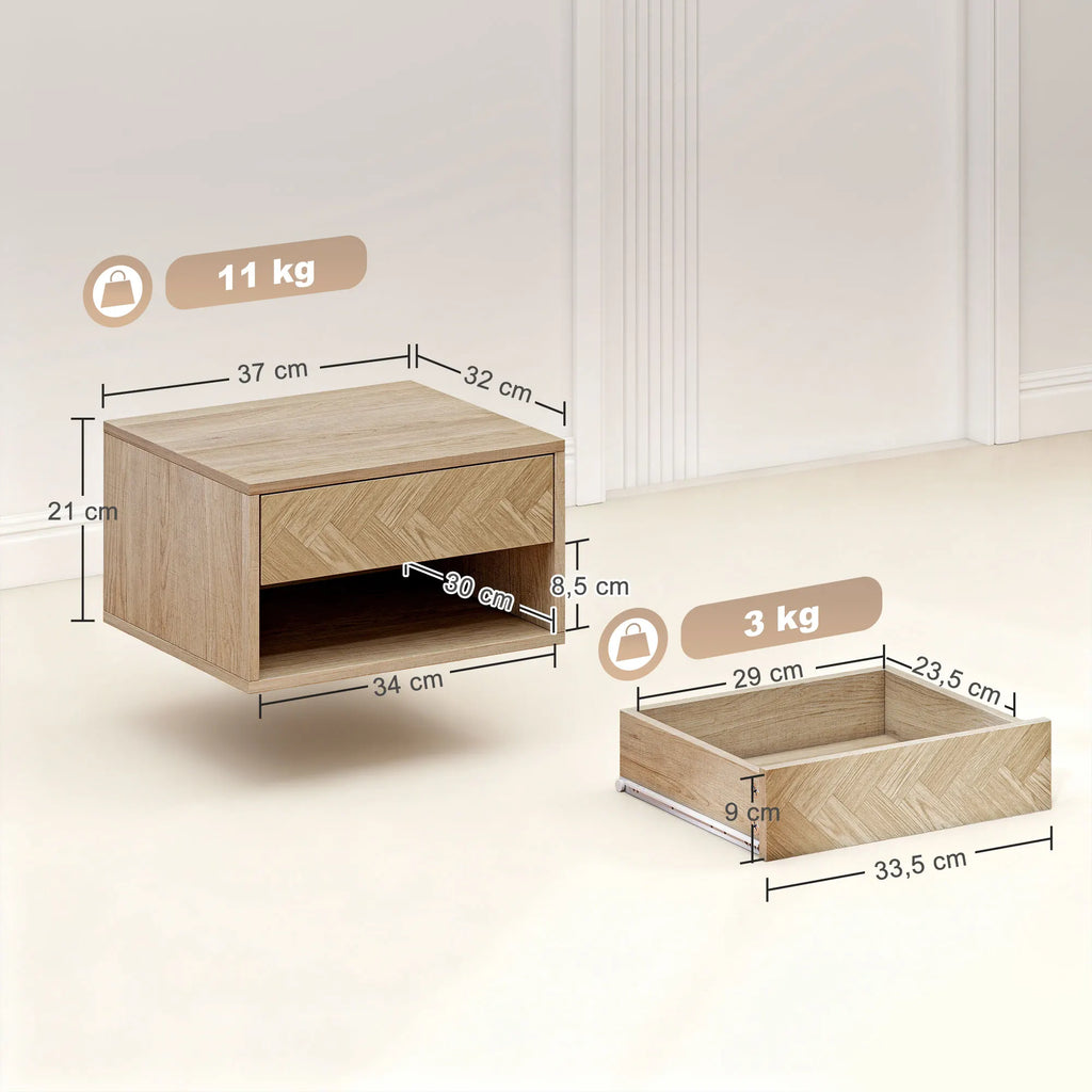 HOMCOM set of 2 Wall bedside table tables, hanging night tables with sliding drawer, open compartment, tray, style