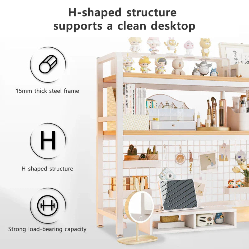 Bookcase Gaming Table Grid Bookshelf Desktop Multi-layer Wrought Iron Shelf Student Computer Desk Table  Wooden Shelves Rack