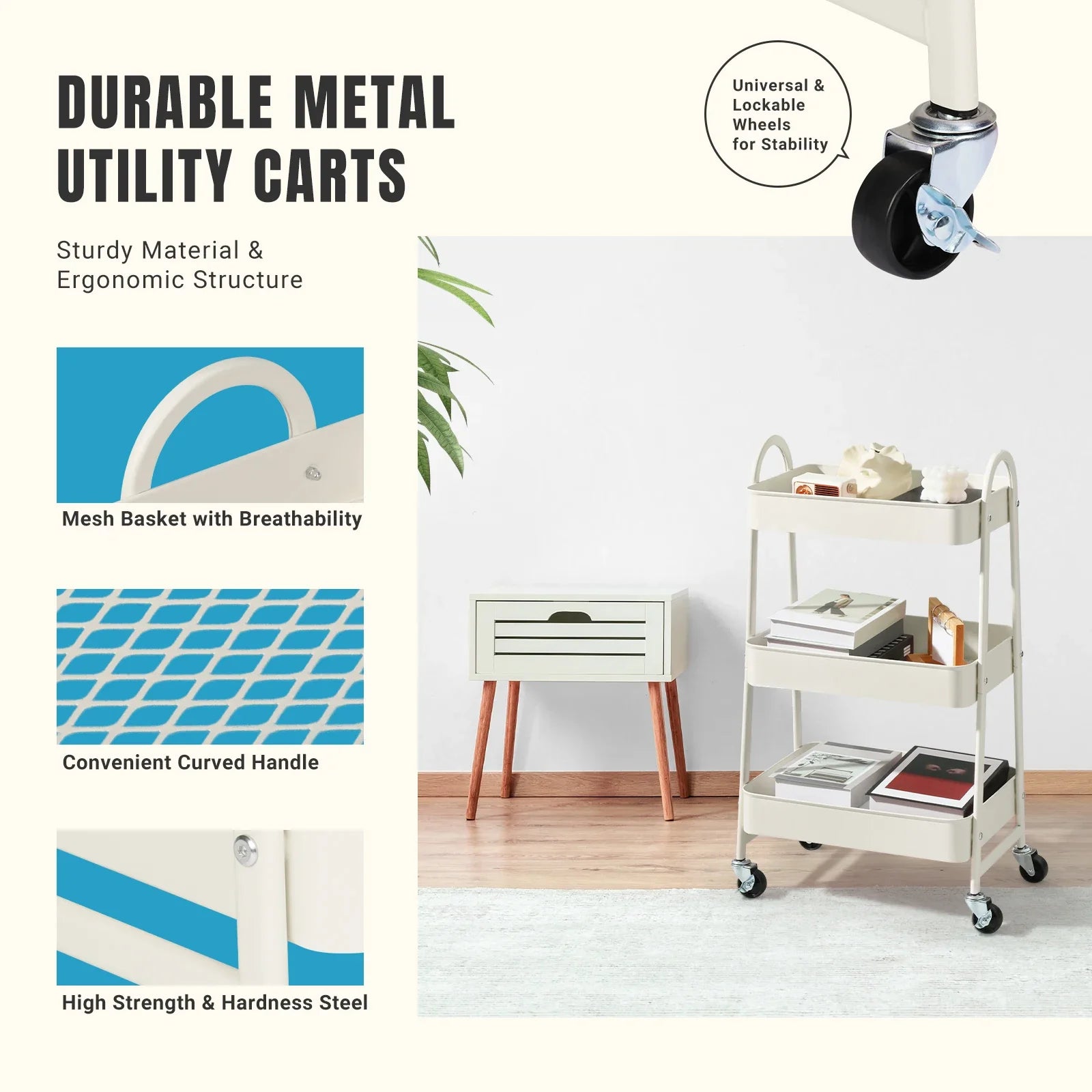 JHK 3 Tier Metal Storage Kitchen Cart with Lockable Wheels Mobile Shelving Unit Utility Rolling Organizer For Home Narrow Places