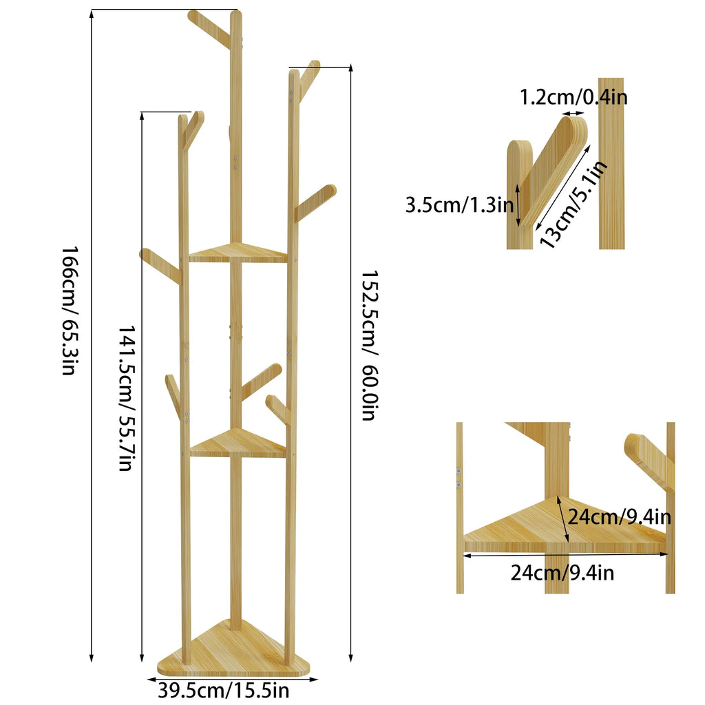 Bamboo Corner Tree Coat Rack Stand  Clothes Hanger with Hooks and Shelves