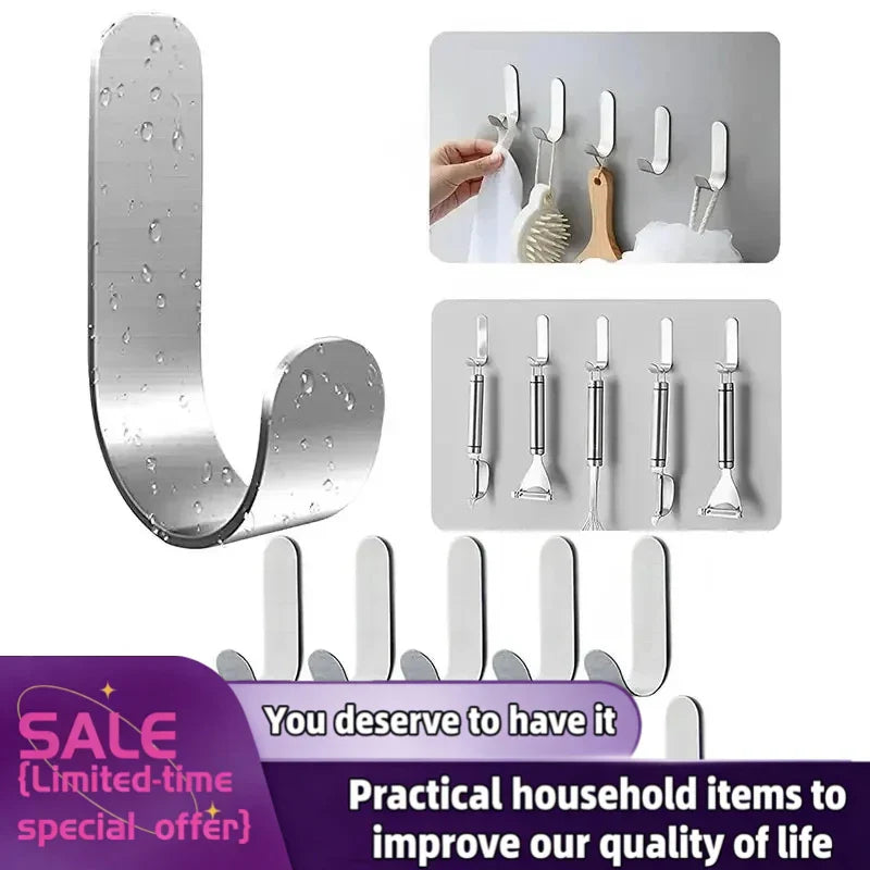 4Pcs Wall Hook Kitchen Adhesive Hooks Metal Stainless Steel Wall Hooks Utility J Hook Key Holder Self Adhesive for Shower