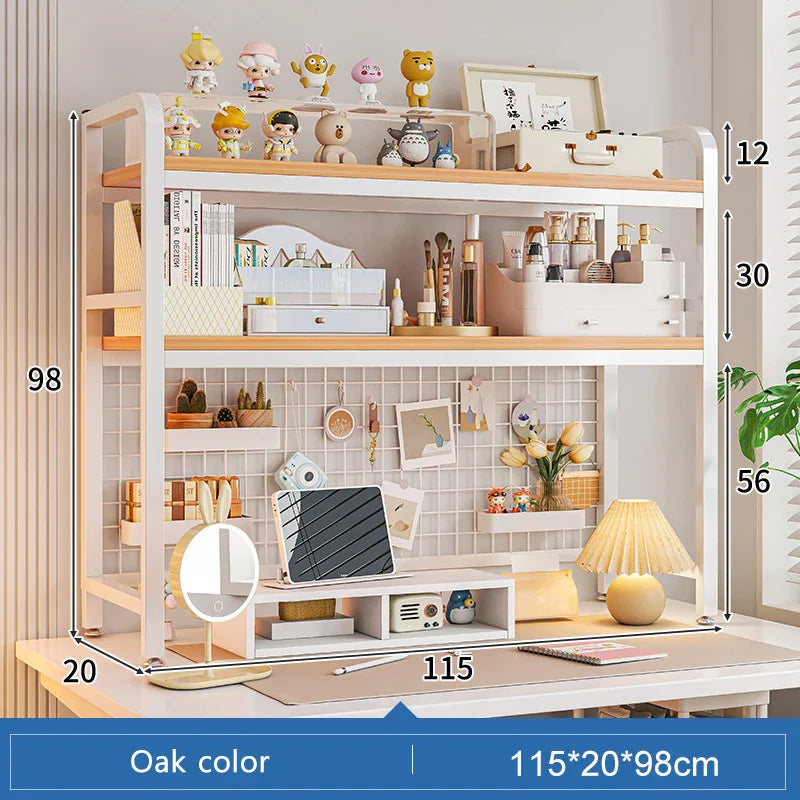 Bookshelf Bookcase With Grid Desktop Multi-layer Wrought Iron Shelf Student Computer Desk Table Hole Board Table Wooden Shelves